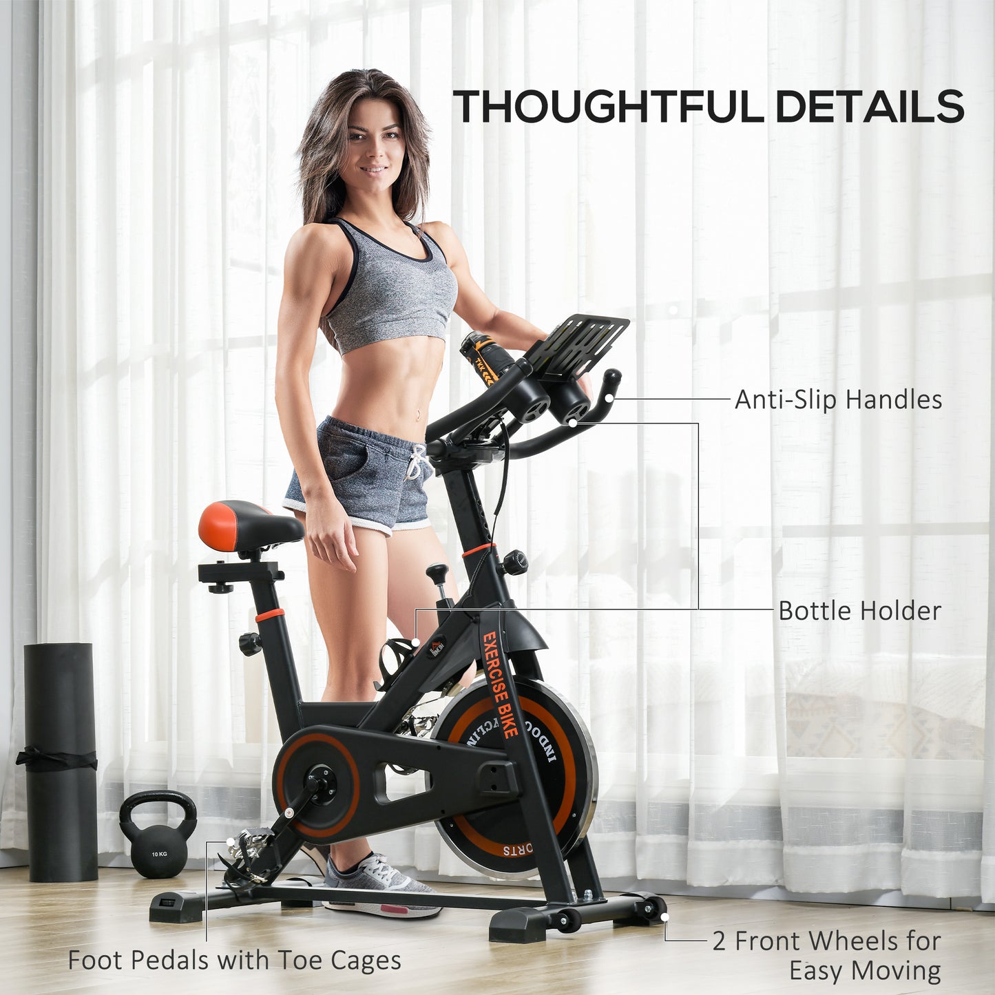HOMCOM Black Exercise Bike, 8kg Flywheel Stationary Bike Indoor Cycling Machine with Adjustable Resistance Seat Handlebar-6