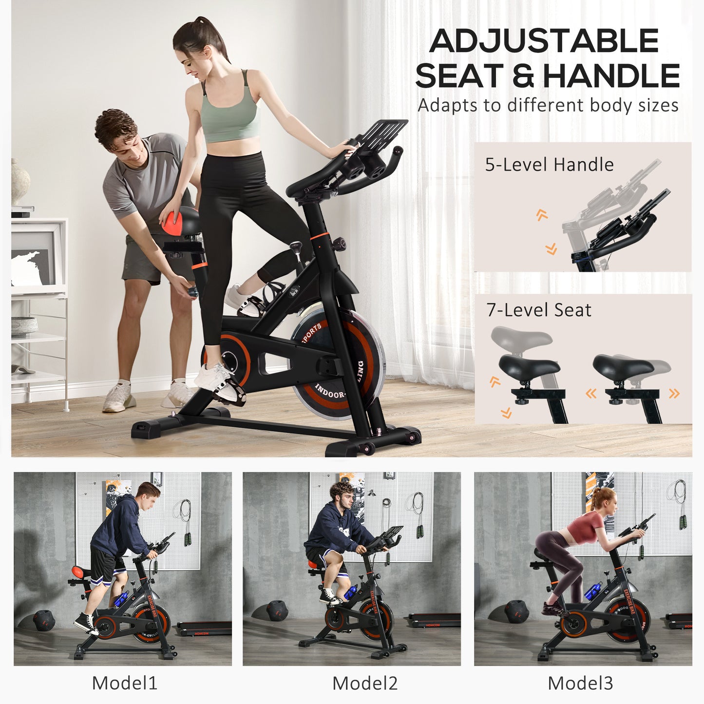 HOMCOM Black Exercise Bike, 8kg Flywheel Stationary Bike Indoor Cycling Machine with Adjustable Resistance Seat Handlebar-3