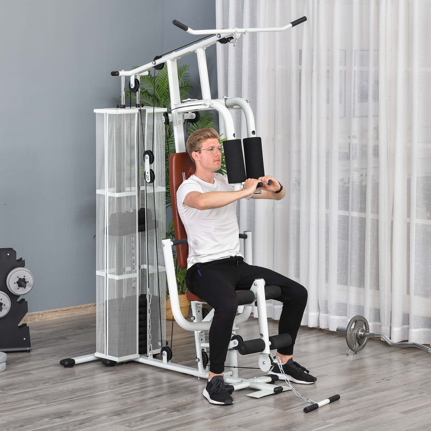 HOMCOM Multifunction Home Gym Weight Training Workout Station Fitness Strength Machine in White-7
