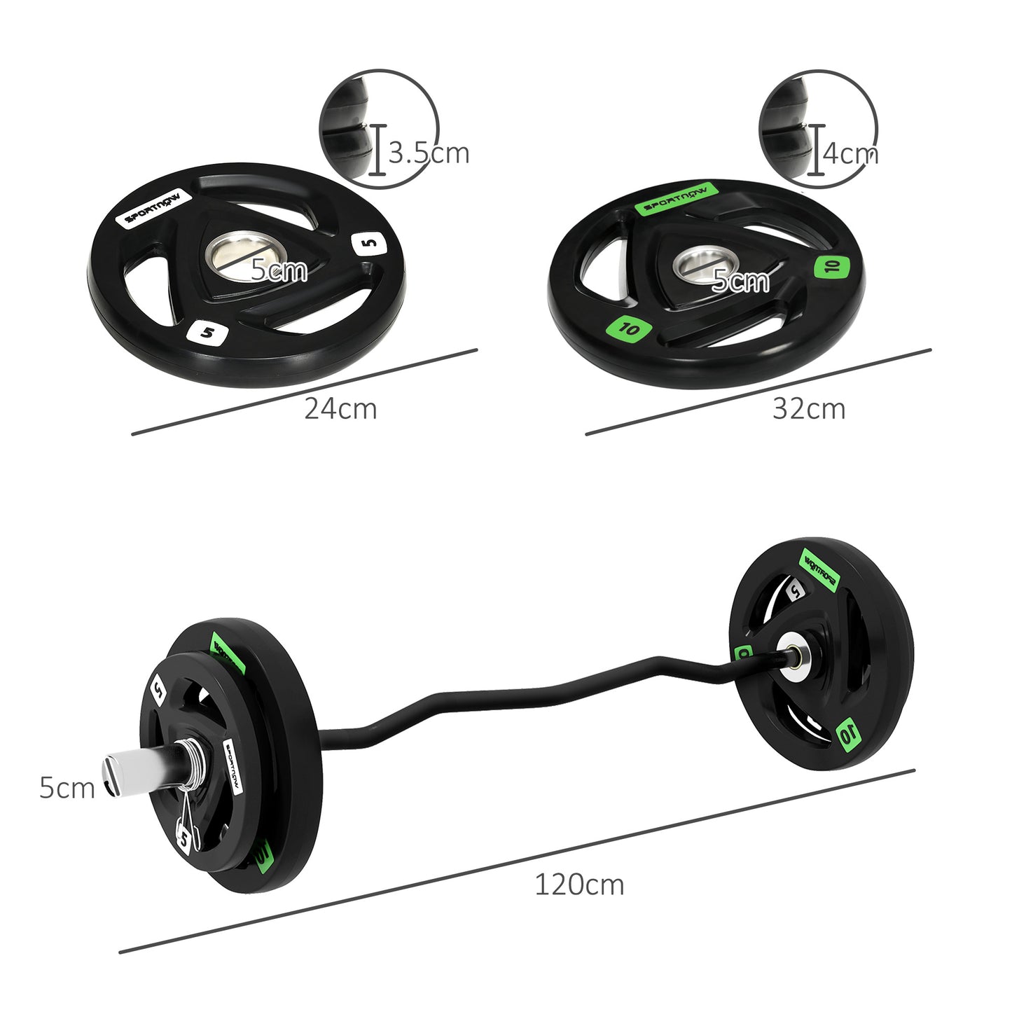 SPORTNOW Olympic EZ Curl Bar with 30kg Weight Plates, Barbell Bar for 5cm Weight Plates with Spring Clips, Home Gym Weight Lifting Bar, 120cm, 38kg-1