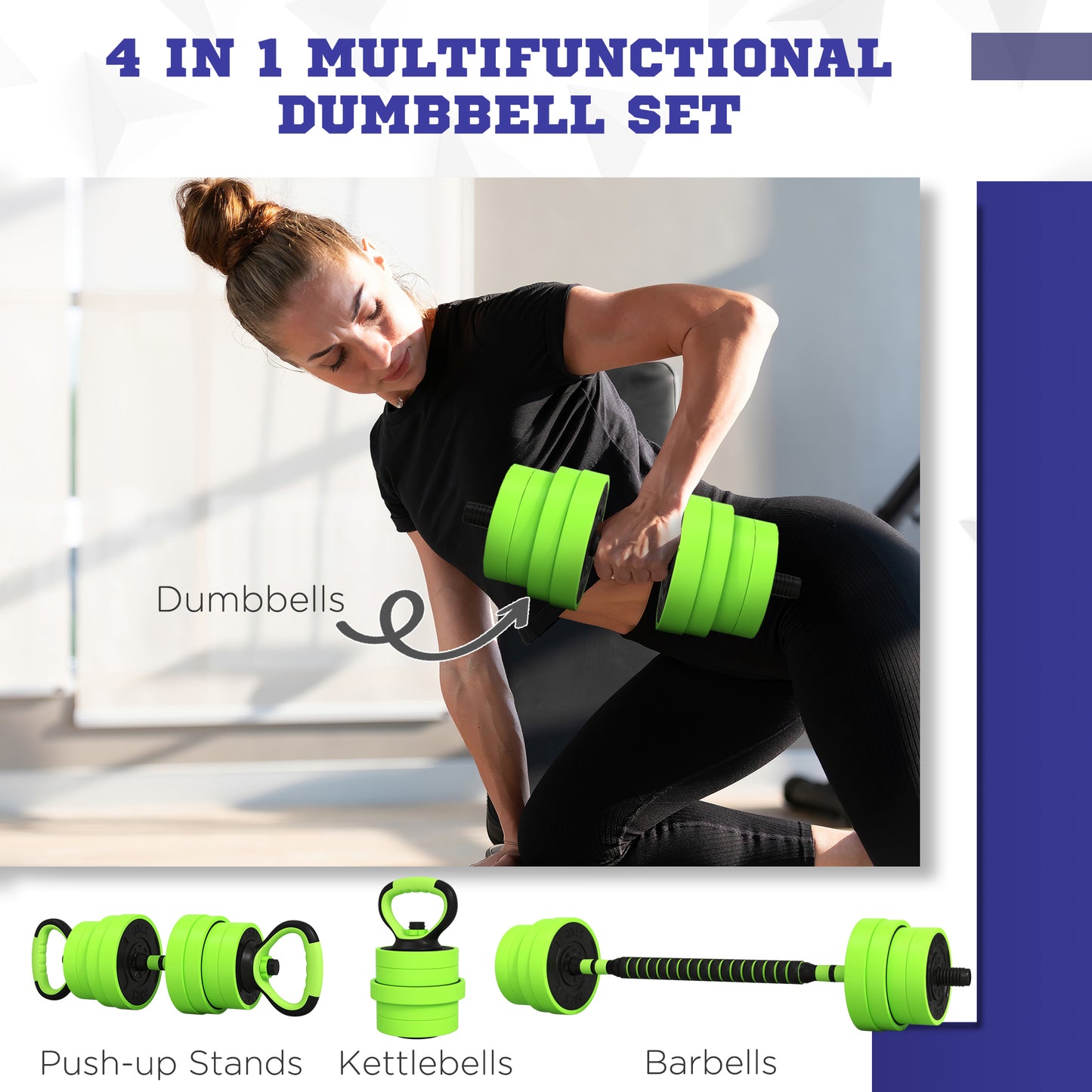 30kg Four-In-One Adjustable Weight Green Dumbbells Set, Barbell, Kettlebell, Push Up Stand - SPORTNOW-2
