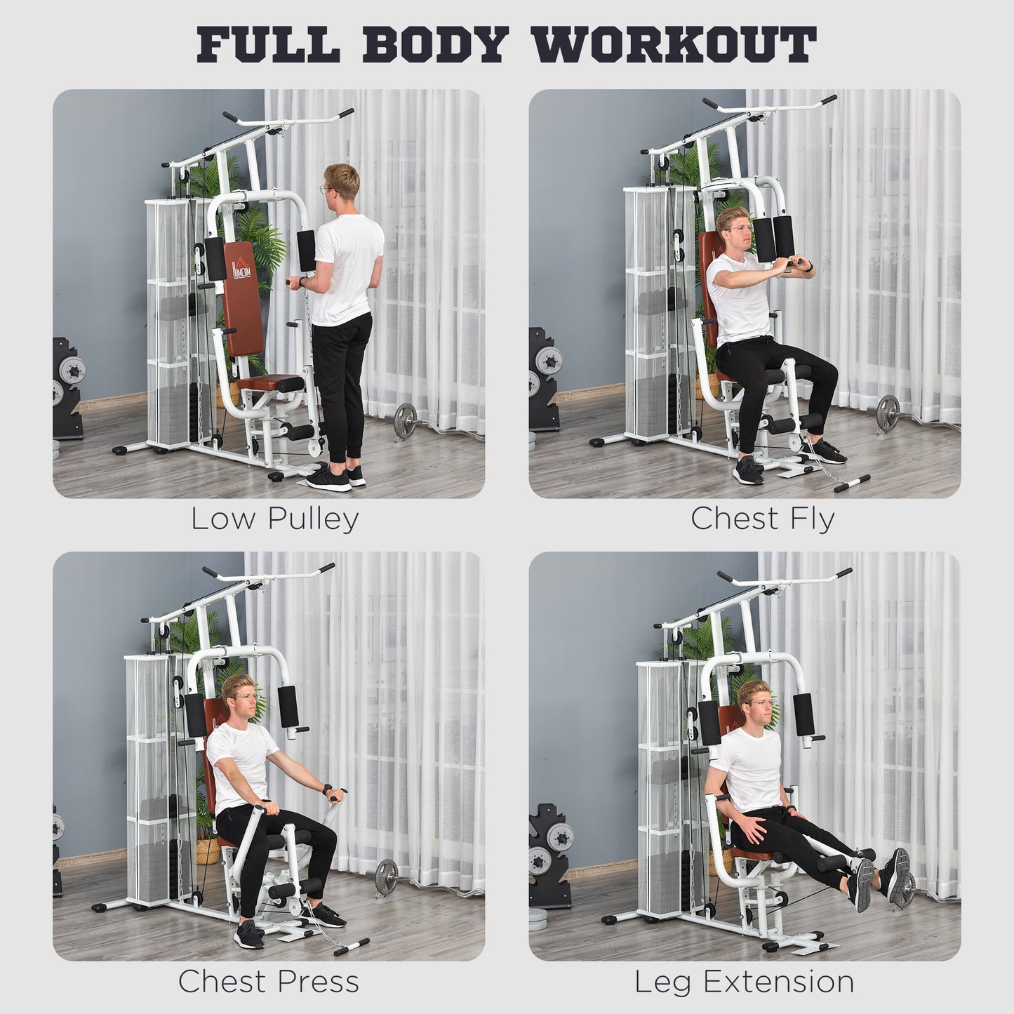 HOMCOM Multifunction Home Gym Weight Training Workout Station Fitness Strength Machine in White-2