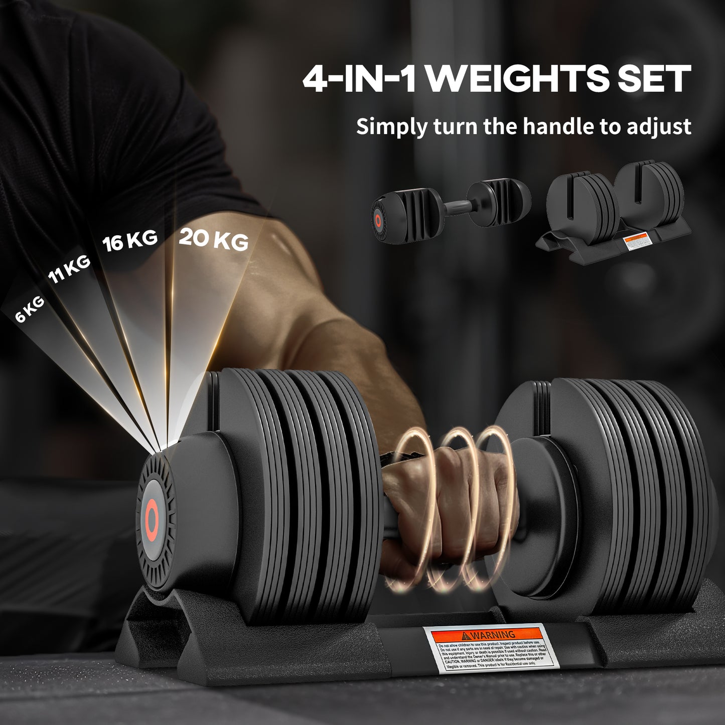SPORTNOW 2 x 20KG Adjustable Dumbbells Set, 4-in-1 Weights Set with Storage Tray and Non-Slip Handle, Home Gym Fitness Equipment in Black-2