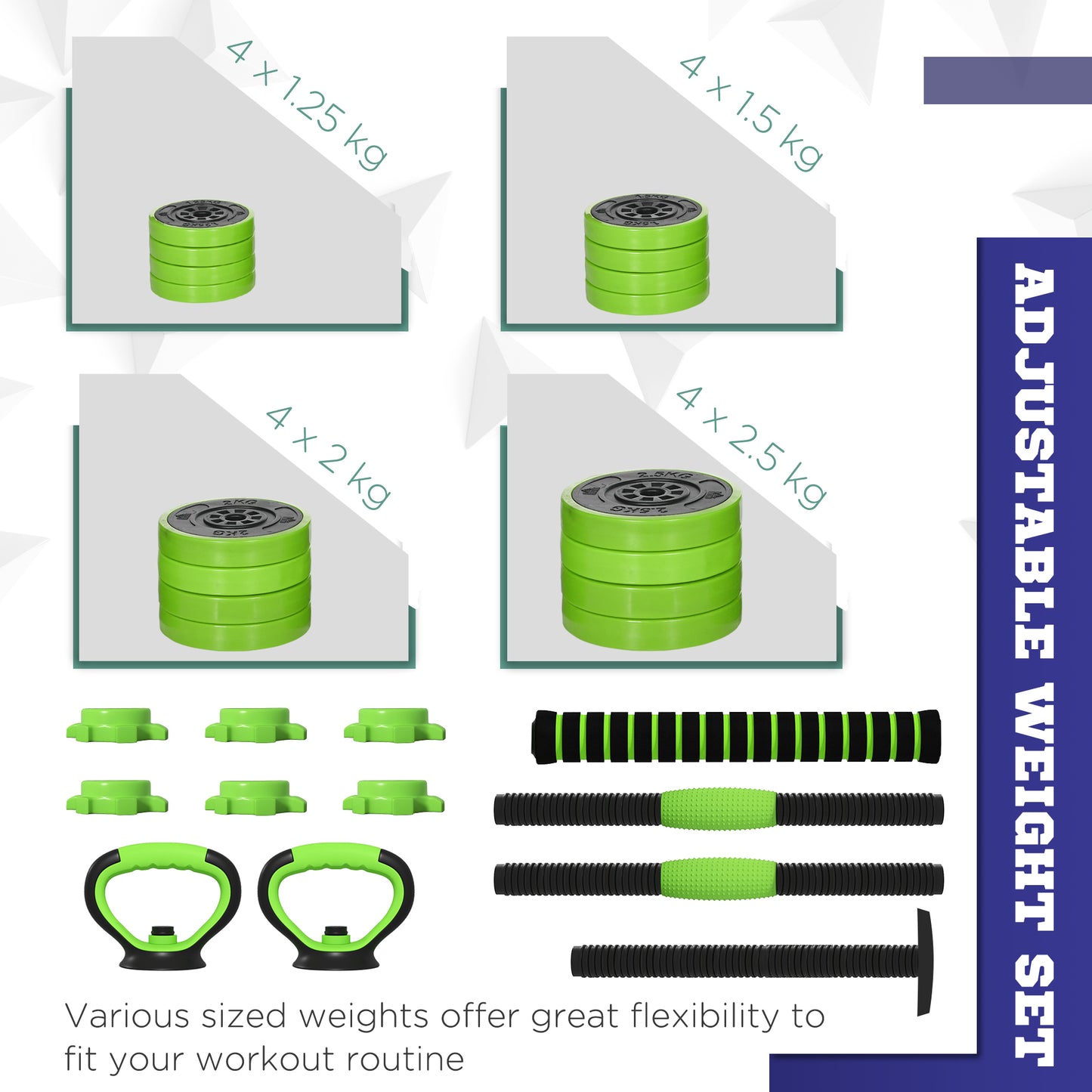 30kg Four-In-One Adjustable Weight Green Dumbbells Set, Barbell, Kettlebell, Push Up Stand - SPORTNOW-3