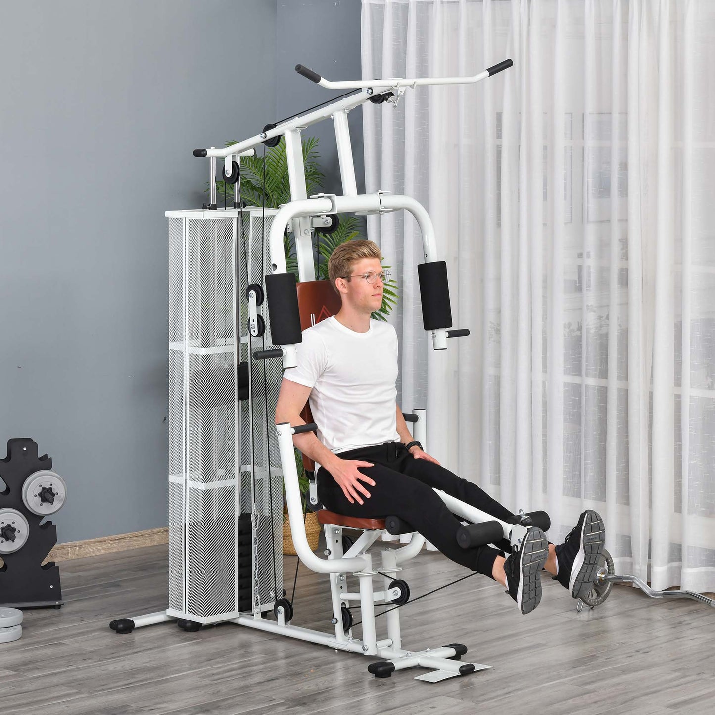 HOMCOM Multifunction Home Gym Weight Training Workout Station Fitness Strength Machine in White-8
