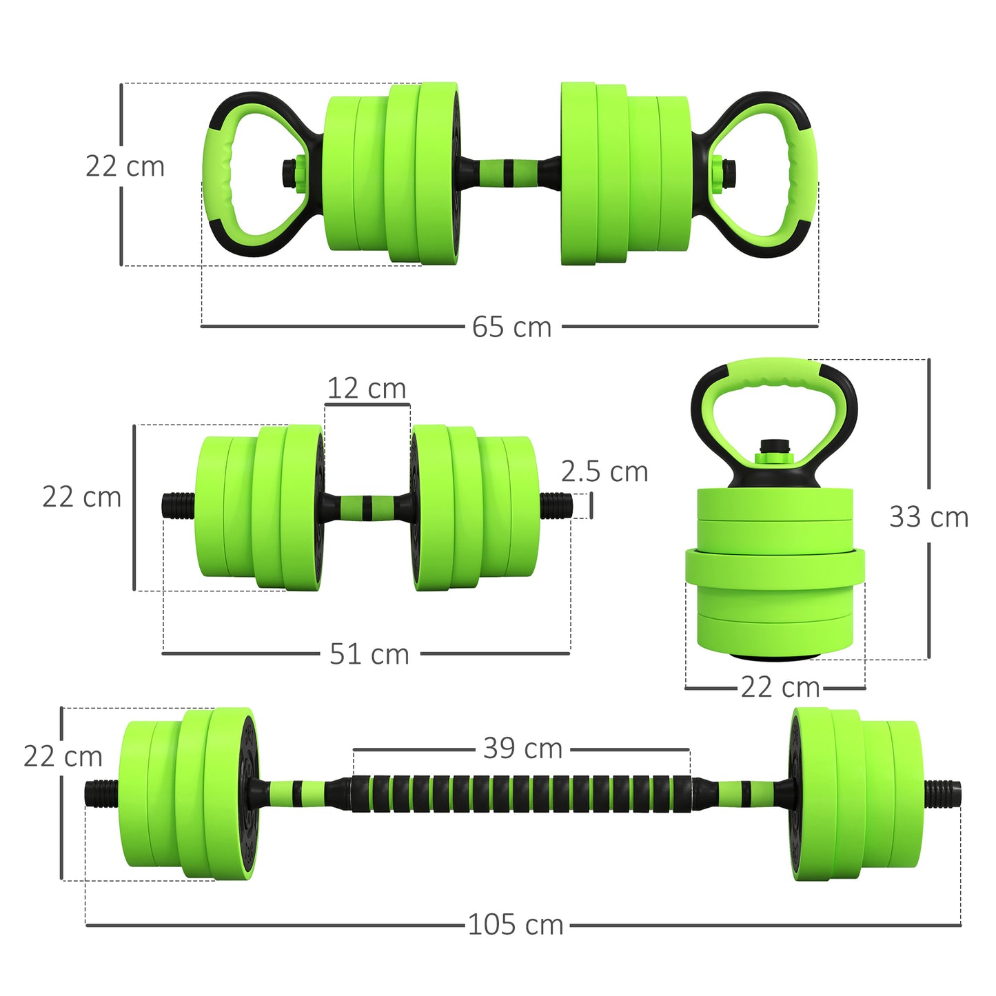 30kg Four-In-One Adjustable Weight Green Dumbbells Set, Barbell, Kettlebell, Push Up Stand - SPORTNOW-1