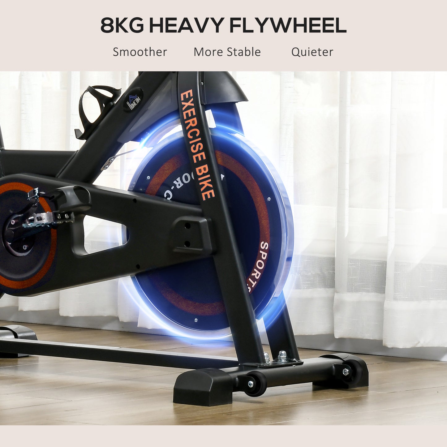 HOMCOM Black Exercise Bike, 8kg Flywheel Stationary Bike Indoor Cycling Machine with Adjustable Resistance Seat Handlebar-5