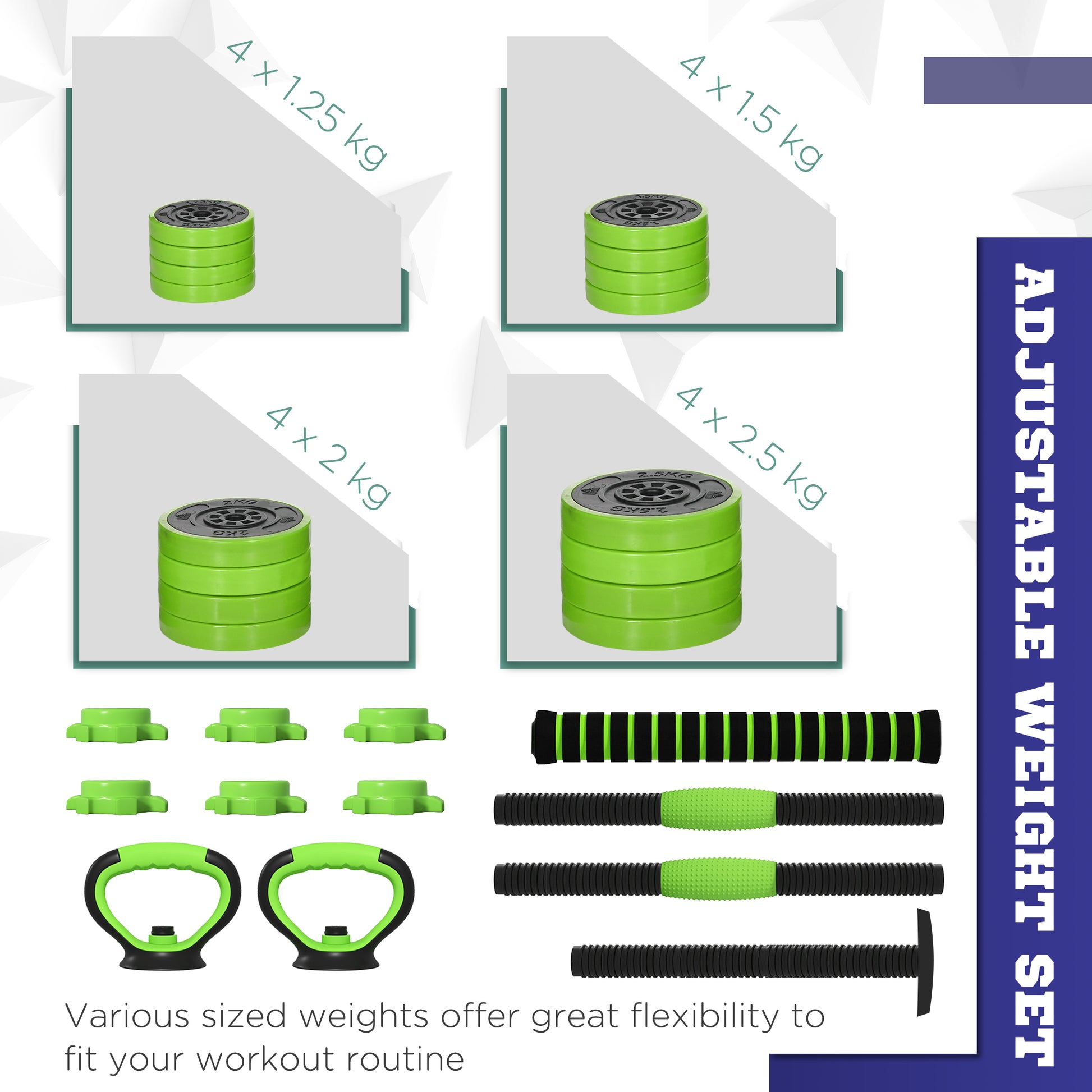 30kg Four-In-One Adjustable Weight Green Dumbbells Set, Barbell, Kettlebell, Push Up Stand - SPORTNOW-3