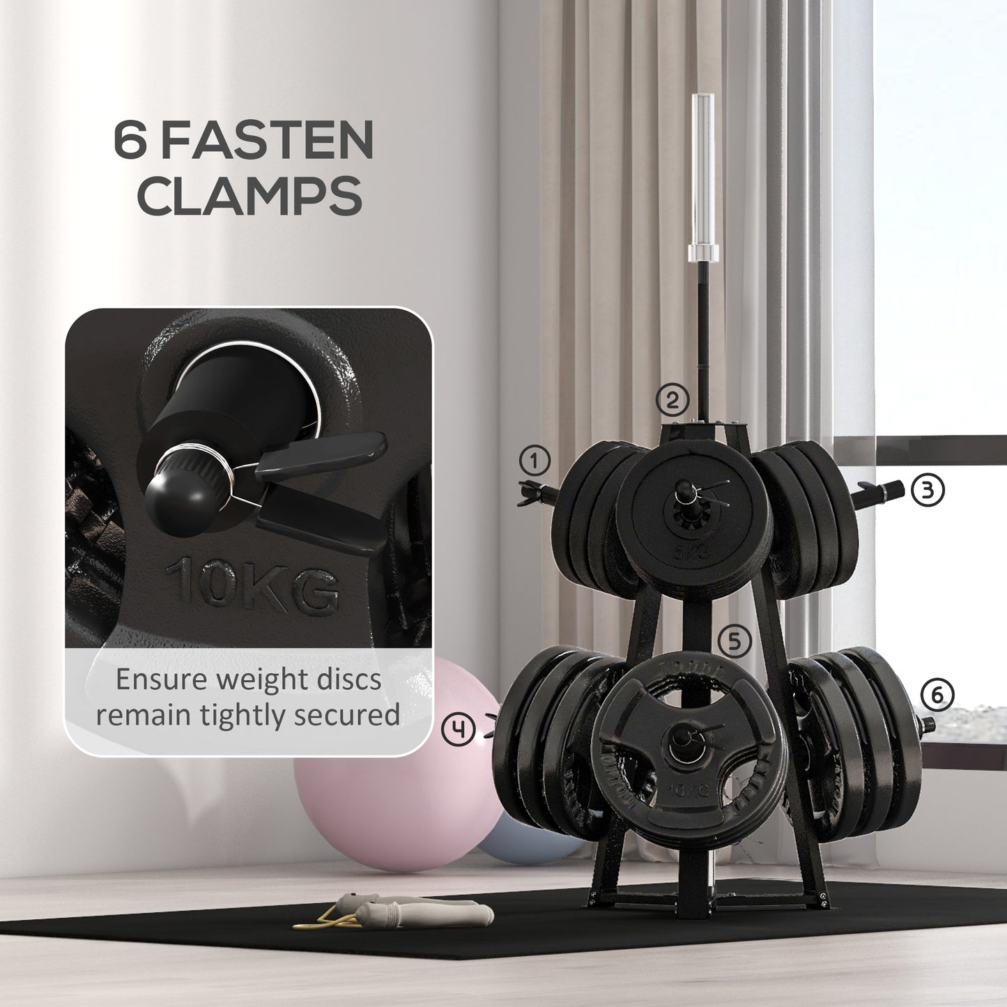 Weight Tree Rack: for 5cm Weight Plates and Barbell Bar with 6 Fasten Clamps, 300kg Capacity by SPORTNOW-3